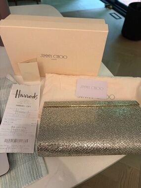 Jimmy Choo Silver Glitter Leather Clutch – Full Set – Harrods Receipt  Emmie ?